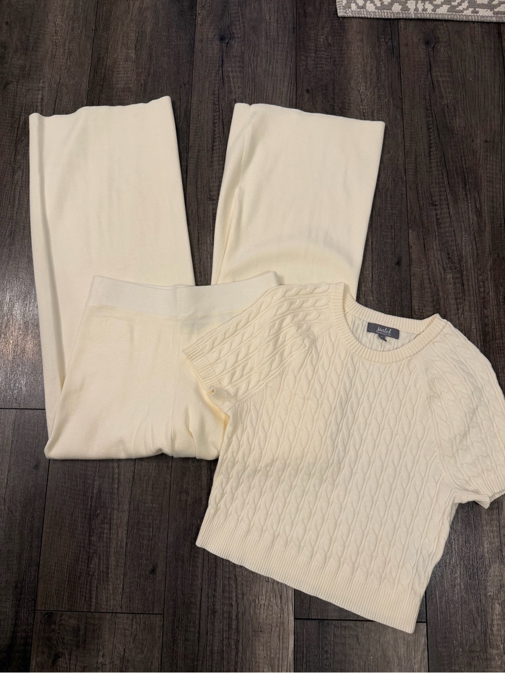 Marled Cream Wide-Leg Pants & Cable Knit Short-Sleeve Top Set